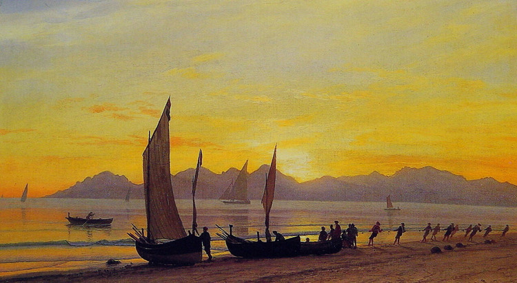 Albert Bierstadt Oil Painting Boats Ashore at Sunset